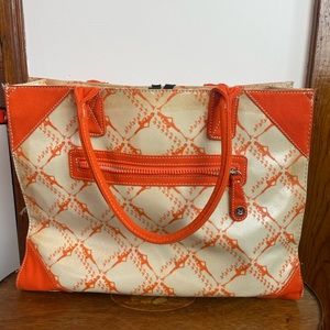 IZAK NY cream tote bag with orange lady pattern and coated. With zipper